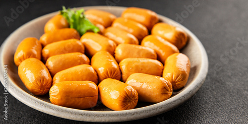 Chicken sausages meat or turkey (poultry) natural meat food preparation tasty snack fresh and delicious gourmet food background on the table rustic food top view copy space