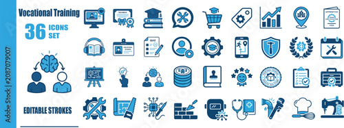 Vocational Training Duotone Line Icon Set - Flat Vector Career Development Symbols, Technical Education Badges, E-Learning Platforms, and Trade Skills UI Interface Signs