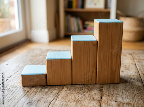 Wooden blocks ascending in size on a rustic floor with soft natural light symbolizing growth and progress