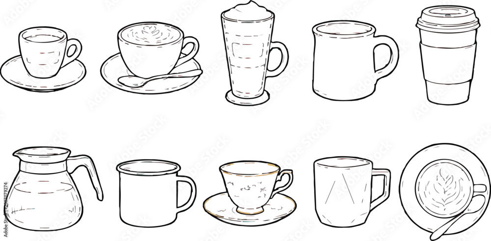 Obraz premium Coffee varieties collection hand drawn sketch style beverage illustrations