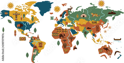 Foto Stylized World Map Illustration with Diverse Cultural Symbols, Global Icons and