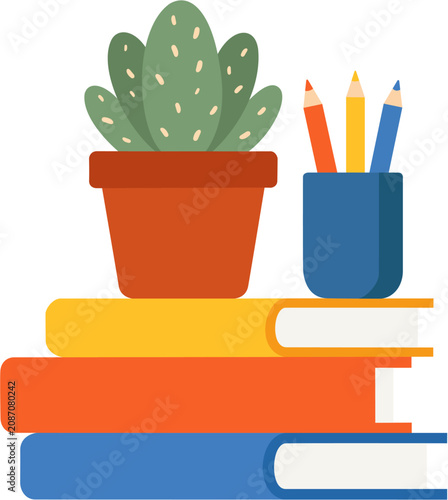 Minimalist Flat Vector Illustration of Stacked Books with Potted Cactus and Pencil Holder