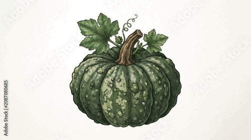 Green pumpkin with stem and leaves