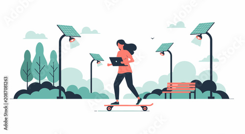 Woman Working on Laptop while Skateboarding in Modern Smart City Park with Solar Powered Street Lights, Sustainable Energy Concept Vector Illustration