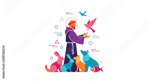 Saint Francis of Assisi with animals and birds illustration.