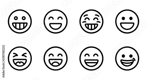 Fotografi Set of 8 Happy Face Icons, Joyful Emoji Collection, Simple Smile Emoticons, Vect