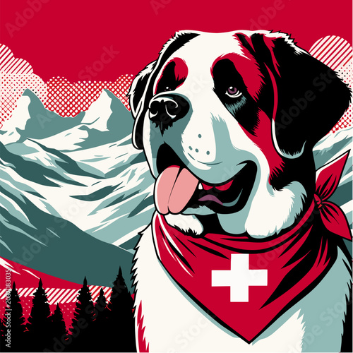 Saint Bernard Rescue Dog in Swiss Alps Retro Pop Art Travel Poster Vector Illustration