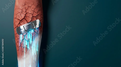 Abstract rendering of skin repair with digital medical bandage.