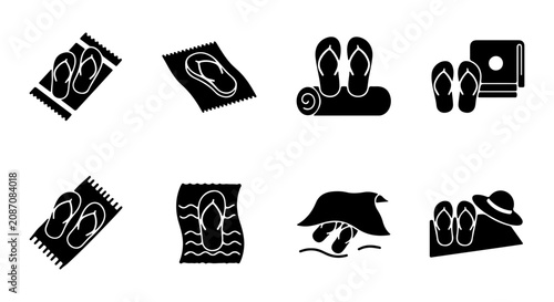 Fotografía Beach Towel and Flip Flop Icons Set, Summer Footwear and Beachwear Vector Graphi
