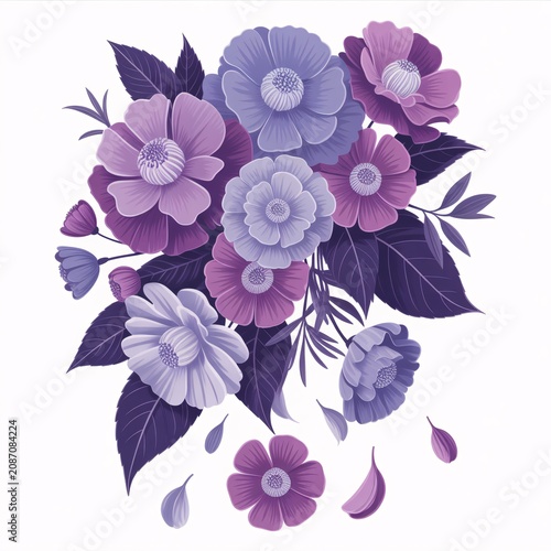Purple floral bouquet in elegant arrangement. Lavender blossoms with delicate petals and greenery. Romantic wedding or event decoration centerpiece.