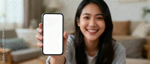 A smiling young Asian woman holds a smartphone with a blank white screen at home for mockup.