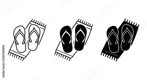 Bild auf Leinwand Flip Flop Icons, Beach Towel Graphics, Summer Footwear Vector Set, Casual Beach