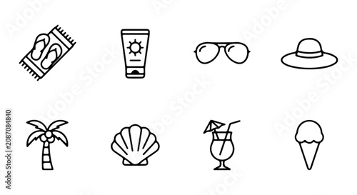 Cuadro en lienzo Summer Vacation Icons, Beach Holiday Essentials, Tropical Getaway Symbols, Trave