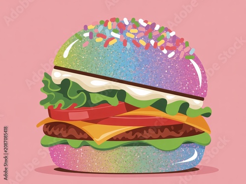 Colorful cartoon burger with toppings. Vibrant fast food illustration in pastel rainbow hues. Playful vector graphic for marketing and design.