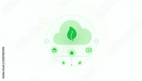 Eco-friendly green cloud computing network illustration featuring sustainable technology and renewable energy icon connectivity for environmental conservation