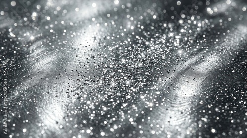 A shimmering, abstract background filled with countless tiny, sparkling particles. The particles create a swirling, wave-like pattern across the surface, evoking a sense of movement and depth.