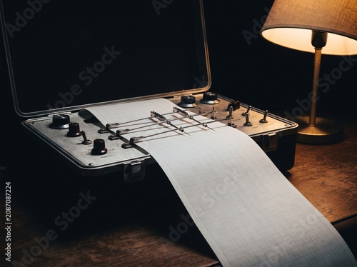 Fotografie Vintage polygraph machine with blank chart paper on wooden desk