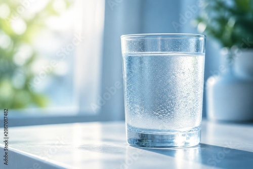 standard. Crystal-clear water glass with condensation droplets, bathed in soft morning light against a refreshing blue backdrop. bar promotions.