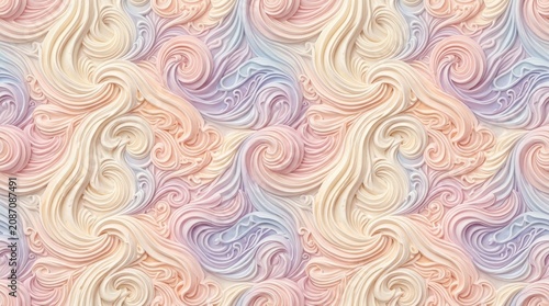 A seamless, abstract pattern features swirling, flowing lines in a gradient of pastel colors, primarily pink, peach, and lavender.