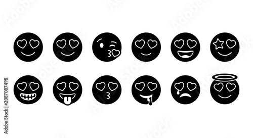 Photography Black Heart Eyes Emoji Collection, Love Face Icons, Romantic Emoticon Set, Valen