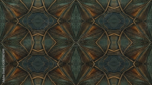 A complex, symmetrical fractal pattern dominates the image. The design features a repeating geometric motif of stylized eyes or lenses, arranged in a starburst configuration.