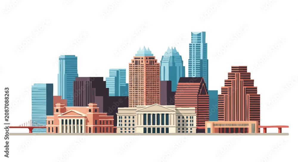 Fototapeta premium Austin Texas City Skyline Vector Illustration Featuring Modern Architecture and Urban Landmarks