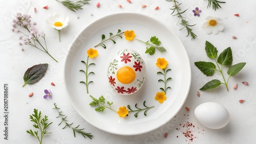 A single egg served on a decorative plate surrounded by fresh flowers and green herbs