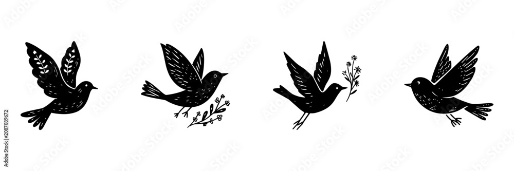 Fototapeta premium Bird Silhouettes In Hand Drawn Style Set. Nature And Freedom Doodle Sketch Collection. Decorative Use For Stationery And Crafts. Isolated Vector Illustration