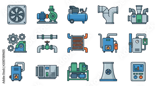 Clean Illustrated Collection of Industrial and HVAC Equipment Icons in Blue Green and Gray with high quality professional line art symbols for modern creative design and digital branding projects