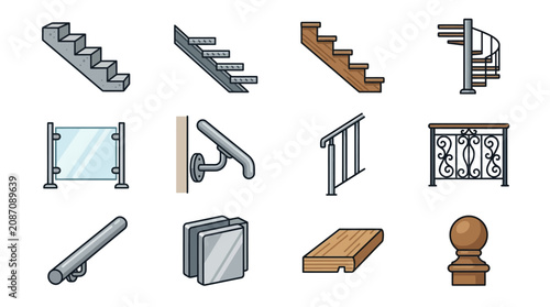Minimalist Set of Modern Staircase Railing and Handrail Design Elements in Gray Brown and Wooden Tones