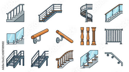 Dynamic Illustrated Collection of Staircase Designs and Railing Styles with Wood and Metal Elements