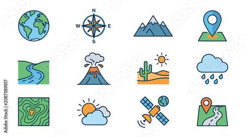 Professional Colorful Icons Set Featuring Geography Nature and Technology Elements for Educational or Digital Use