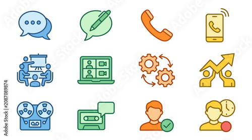 Sleek Colorful Icons Set Featuring Communication Collaboration and Productivity Tools with Speech Bubbles Phones Video Calls and Gear Symbols