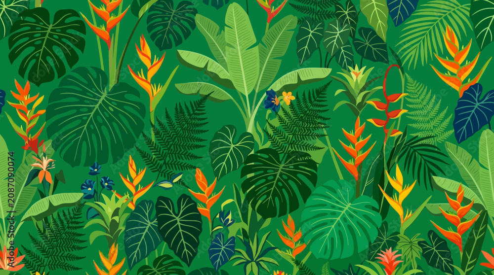 Fototapeta premium Vibrant Seamless Tropical Rainforest Pattern Featuring Exotic Monstera Leaves and Bright Heliconia Flowers for Botanical Textile Design