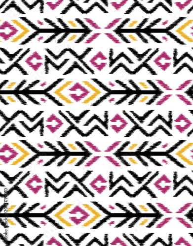 Fotografie Seamless Ikat Tribal Arrow Pattern with Geometric Ethnic Motifs in Magenta Musta