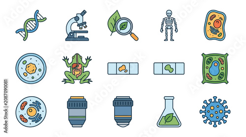 Elegant Colorful Set of Scientific and Biological Icons Featuring DNA Microscope Cells Skeleton Virus and Lab Equipment