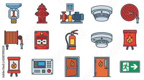 Dynamic Illustrated Collection of Fire Safety Equipment and Emergency Symbols in Bright Colors with high quality professional line art symbols for modern creative design and digital branding projects