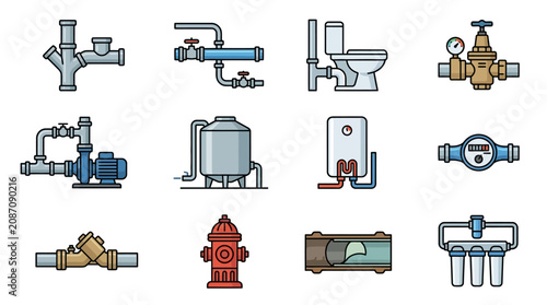 Minimalist Colorful Icons Set of Plumbing Fixtures and Water Supply Equipment with high quality professional line art symbols for modern creative design and digital branding projects