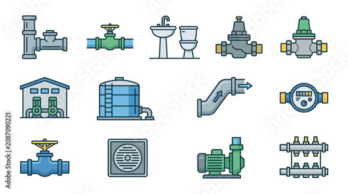Elegant Collection of Minimalist Plumbing and Water System Icons in Blue Green and Gray with high quality professional line art symbols for modern creative design and digital branding projects