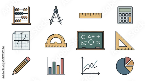 Creative of Classic Math and Geometry Tools Graphs and Educational Icons in Minimalist Style with high quality professional line art symbols for modern creative design and digital branding projects