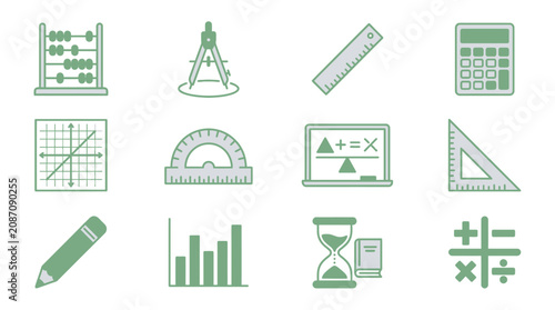 Professional Green and Gray Minimalist Icons Set Featuring Math and School Supplies Graphs and Equations