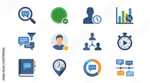 Modern Flat Icons Set Featuring Communication Productivity and Analytics with Blue Green and Gray Color Scheme