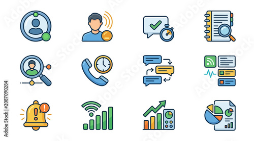 Elegant Set of Flat Icons Illustrating Customer Support Communication Analytics and Feedback Concepts in Vibrant Colors