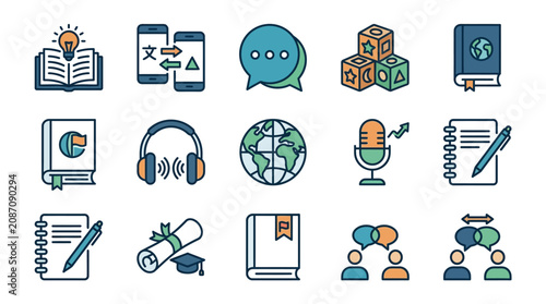 Industrial Style Set of 15 Colorful Educational and Communication Concept Icons with Books Speech Bubbles and Global Elements