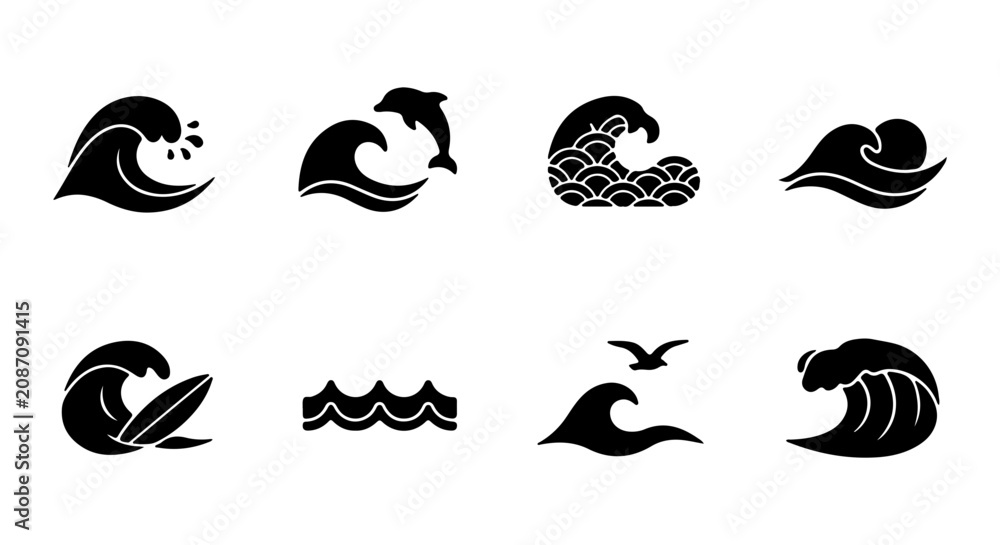 Obraz premium Ocean Wave Icons Set, Nautical Sea Swell Symbols, Surfing Dolphin Bird Vector Graphics