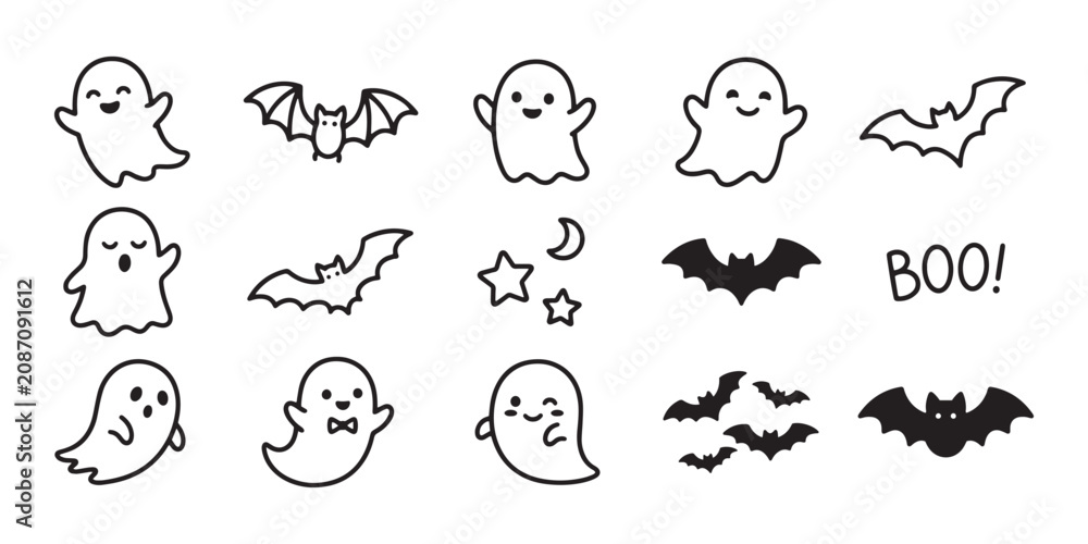 Obraz premium Cute Black and White Halloween Vector Set Featuring Adorable Line Art Ghosts, Flying Bats, Stars, and Boo Lettering.