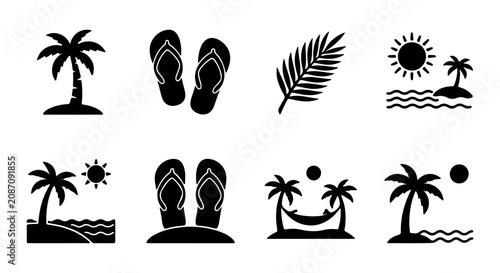 Fotografi Tropical Beach Icons Set, Palm Trees, Flip Flops, Sun, Ocean Waves, Vacation Sym