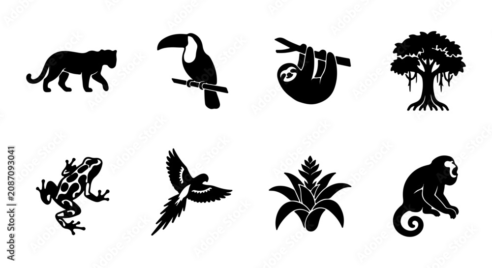 Obraz premium Jungle Animals Vector Icons Set, Tropical Wildlife Silhouette Collection, Exotic Nature Elements