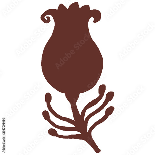 Hand drawn folk art floral greeting card motif silhouette. Flat isolated on white background vector illustration. Botanical scandi summer nature design element. Quirky flower block print sticker