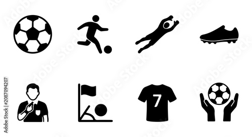 Foto Soccer Icon Set: Football, Player Kicking Ball, Goalkeeper Save, Cleat, Referee,